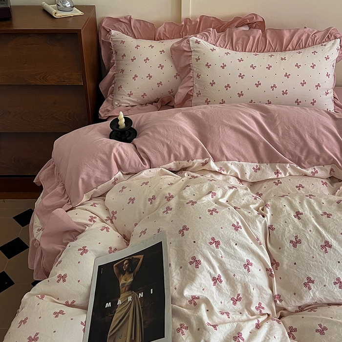 91家纺网 家纺一手货源 找家纺 梦莱斯 2025新款高克重云感棉四件套-花边款 若梦红