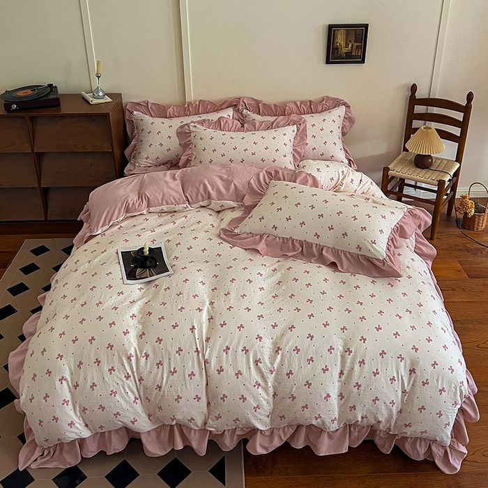 91家纺网 家纺一手货源 找家纺 梦莱斯 2025新款高克重云感棉四件套-花边款 若梦红
