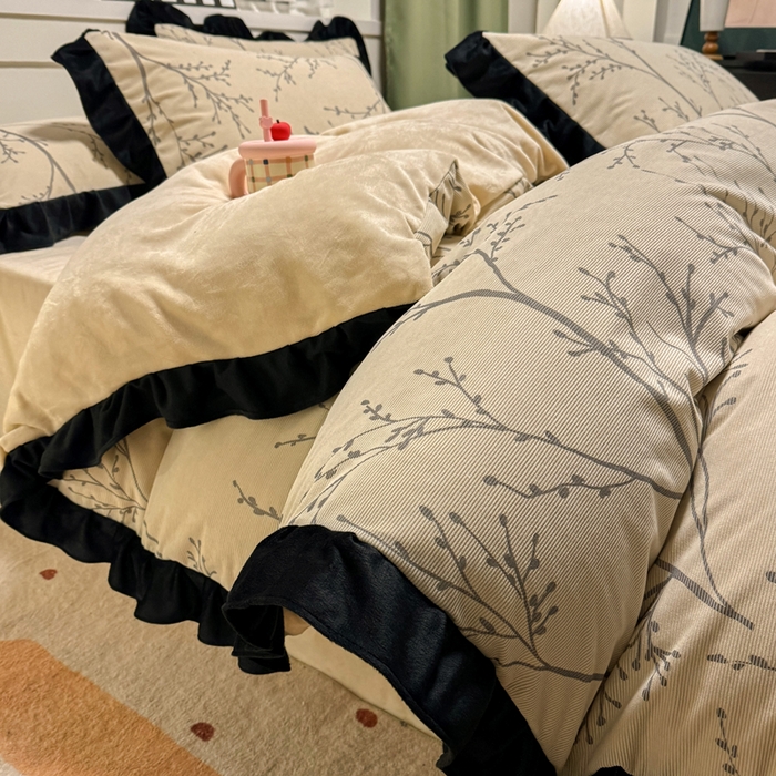 宅家居 2025新款轻法式小香风灯芯绒提花立体韩版花边牛奶绒四件套-实拍风 花枝