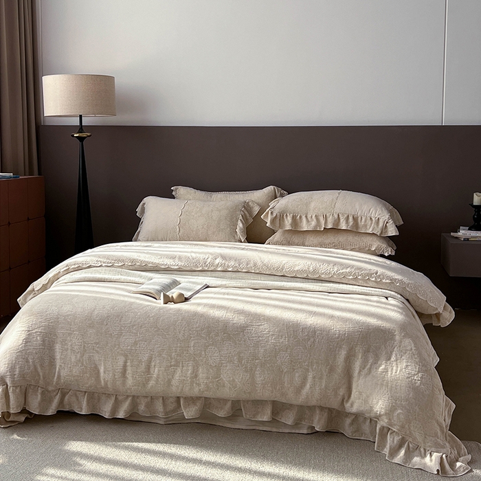 （总）贝尔 2025新款棉麻色织提花双层纱蕾丝花边款四件套