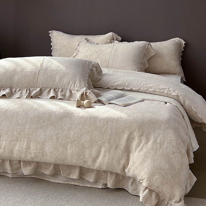 91家纺网 家纺一手货源 找家纺 （总）贝尔 2025新款棉麻色织提花双层纱蕾丝花边款四件套