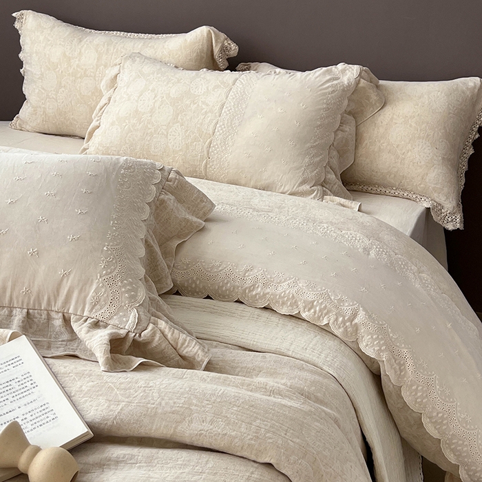 91家纺网 家纺一手货源 找家纺 （总）贝尔 2025新款棉麻色织提花双层纱蕾丝花边款四件套