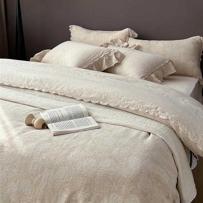 91家纺网 家纺一手货源 找家纺 （总）贝尔 2025新款棉麻色织提花双层纱蕾丝花边款四件套