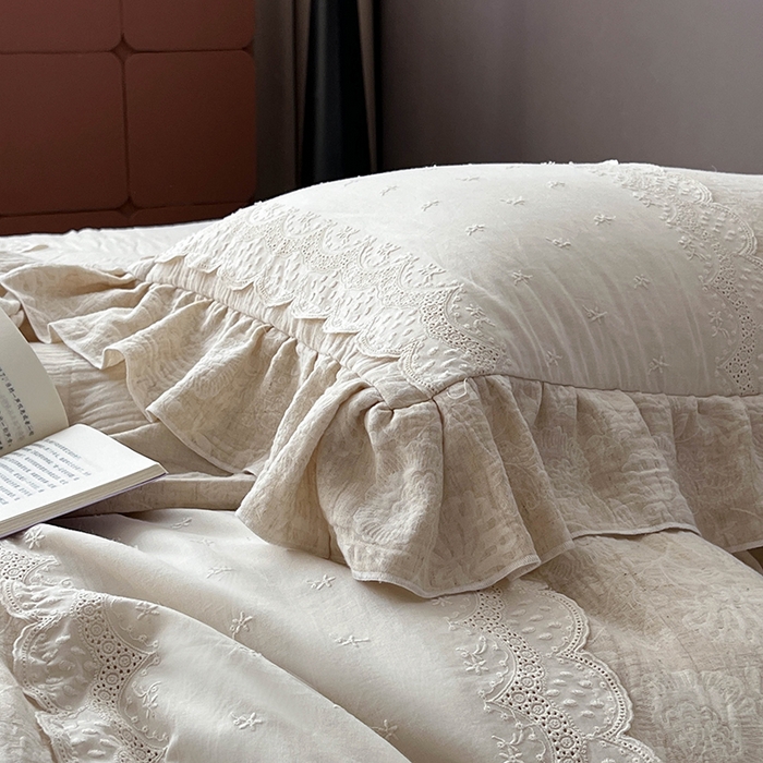 91家纺网 家纺一手货源 找家纺 （总）贝尔 2025新款棉麻色织提花双层纱蕾丝花边款四件套