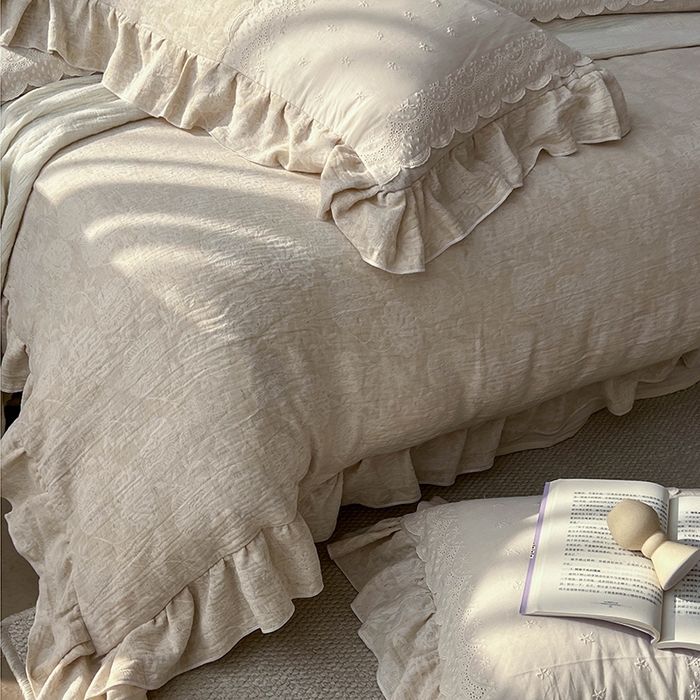 91家纺网 家纺一手货源 找家纺 （总）贝尔 2025新款棉麻色织提花双层纱蕾丝花边款四件套