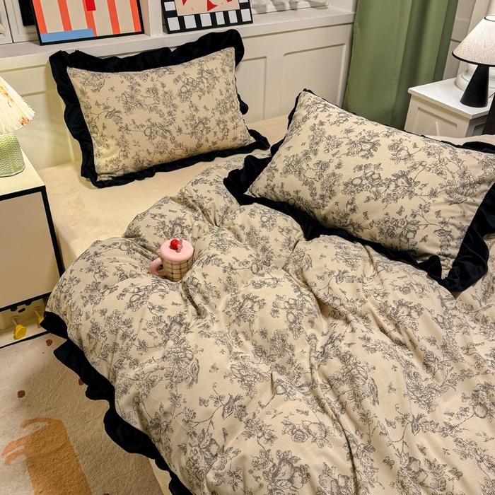 91家纺网 家纺一手货源 找家纺 宅家居 2025新款轻法式小香风灯芯绒提花立体韩版花边牛奶绒四件套-实拍风 喜鹊