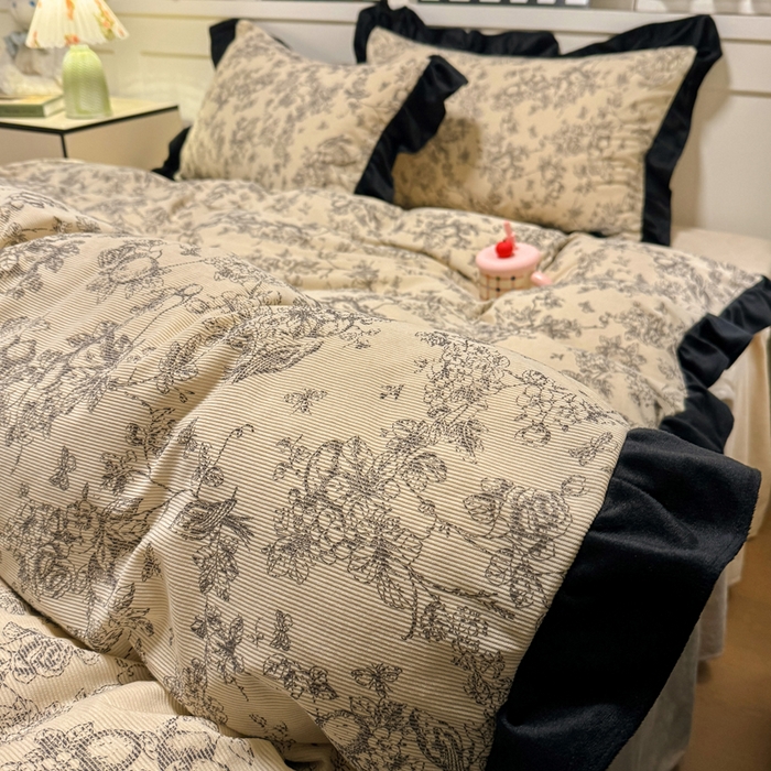 91家纺网 家纺一手货源 找家纺 宅家居 2025新款轻法式小香风灯芯绒提花立体韩版花边牛奶绒四件套-实拍风 喜鹊