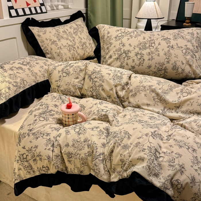 91家纺网 家纺一手货源 找家纺 宅家居 2025新款轻法式小香风灯芯绒提花立体韩版花边牛奶绒四件套-实拍风 喜鹊