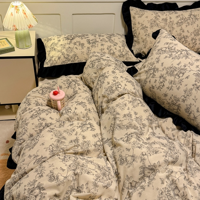 91家纺网 家纺一手货源 找家纺 宅家居 2025新款轻法式小香风灯芯绒提花立体韩版花边牛奶绒四件套-实拍风 喜鹊