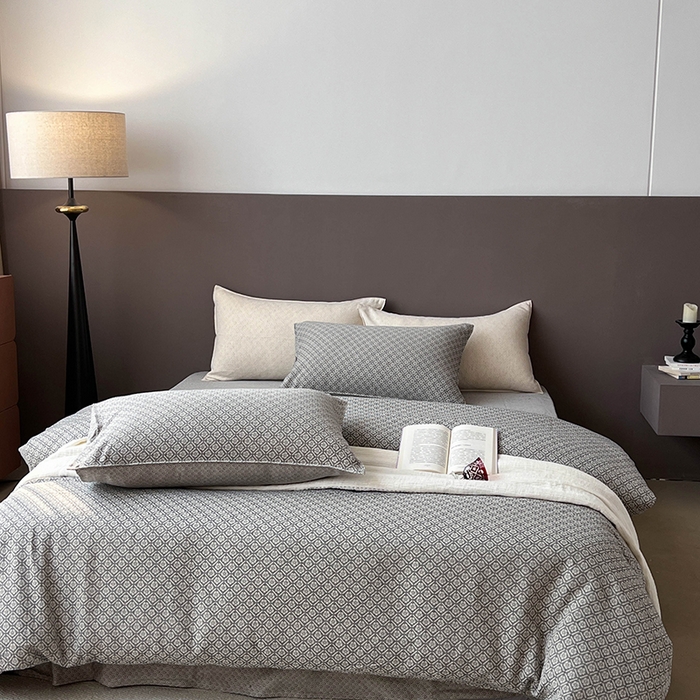 91家纺网 家纺一手货源 找家纺 （总）贝尔 2025新款棉麻色织提花双层纱简单款四件套