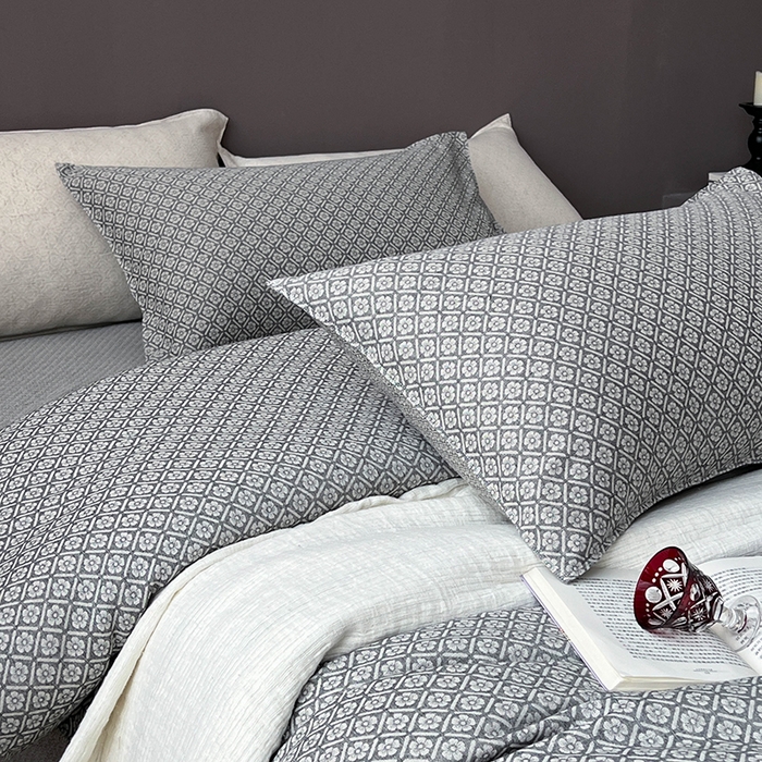 91家纺网 家纺一手货源 找家纺 （总）贝尔 2025新款棉麻色织提花双层纱简单款四件套