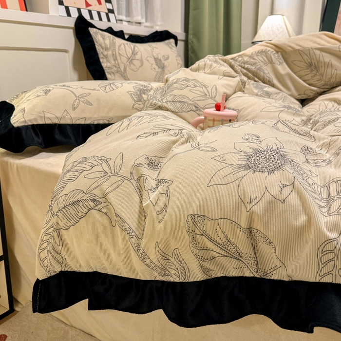 宅家居 2025新款轻法式小香风灯芯绒提花立体韩版花边牛奶绒四件套-实拍风 语叶