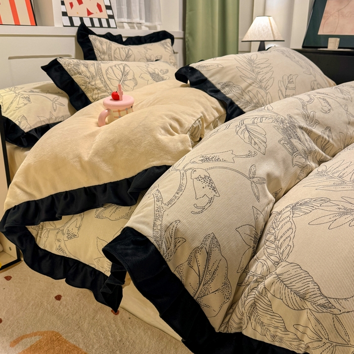 91家纺网 家纺一手货源 找家纺 宅家居 2025新款轻法式小香风灯芯绒提花立体韩版花边牛奶绒四件套-实拍风 语叶