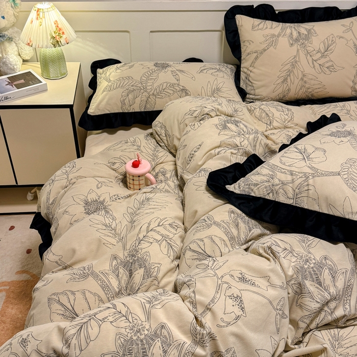 91家纺网 家纺一手货源 找家纺 宅家居 2025新款轻法式小香风灯芯绒提花立体韩版花边牛奶绒四件套-实拍风 语叶