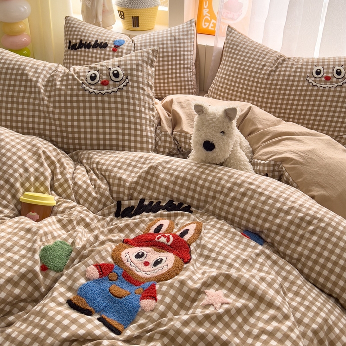 91家纺网 家纺一手货源 找家纺 易辰美 2025新款水洗棉毛巾绣卡通四件套 拉布布