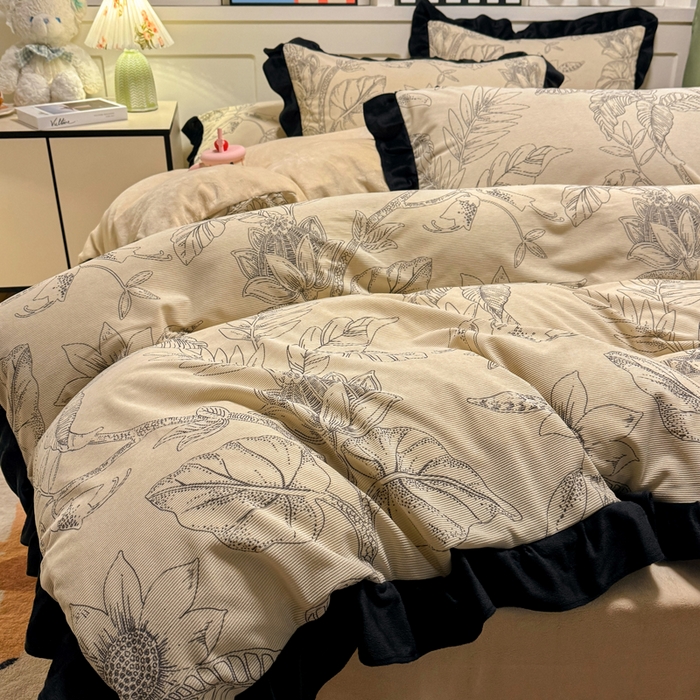 91家纺网 家纺一手货源 找家纺 宅家居 2025新款轻法式小香风灯芯绒提花立体韩版花边牛奶绒四件套-实拍风 语叶