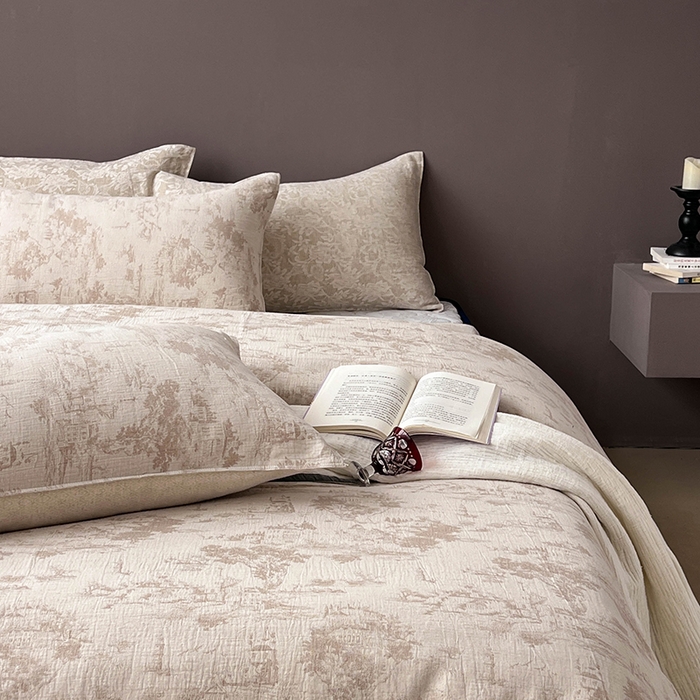 91家纺网 家纺一手货源 找家纺 （总）贝尔 2025新款棉麻色织提花双层纱简单款四件套