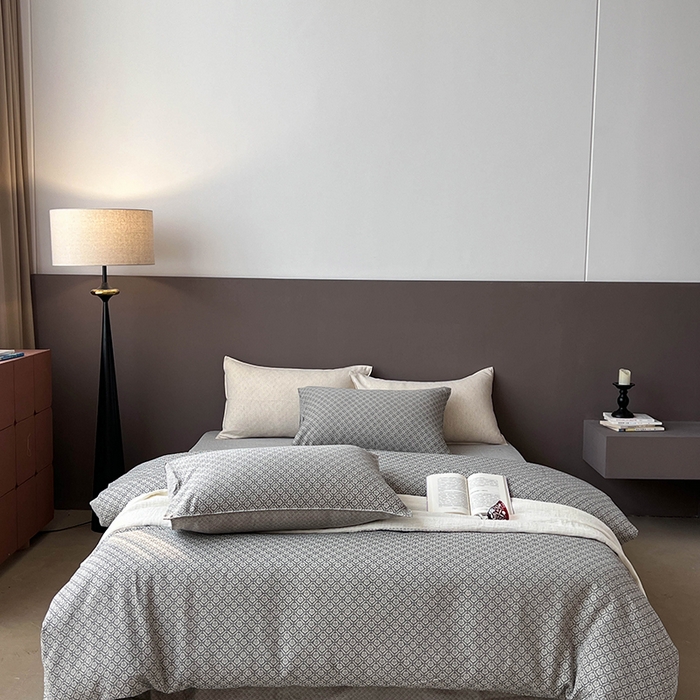 91家纺网 家纺一手货源 找家纺 贝尔 2025新款棉麻色织提花双层纱简单款四件套 简单款-铃兰深色