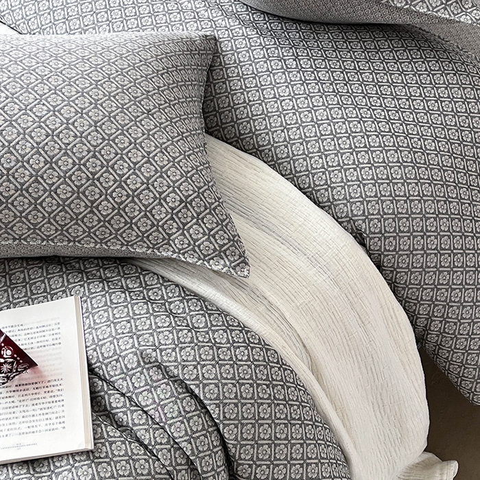 91家纺网 家纺一手货源 找家纺 贝尔 2025新款棉麻色织提花双层纱简单款四件套 简单款-铃兰深色