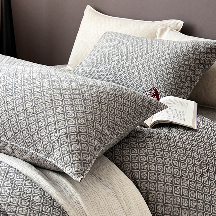 91家纺网 家纺一手货源 找家纺 贝尔 2025新款棉麻色织提花双层纱简单款四件套 简单款-铃兰深色