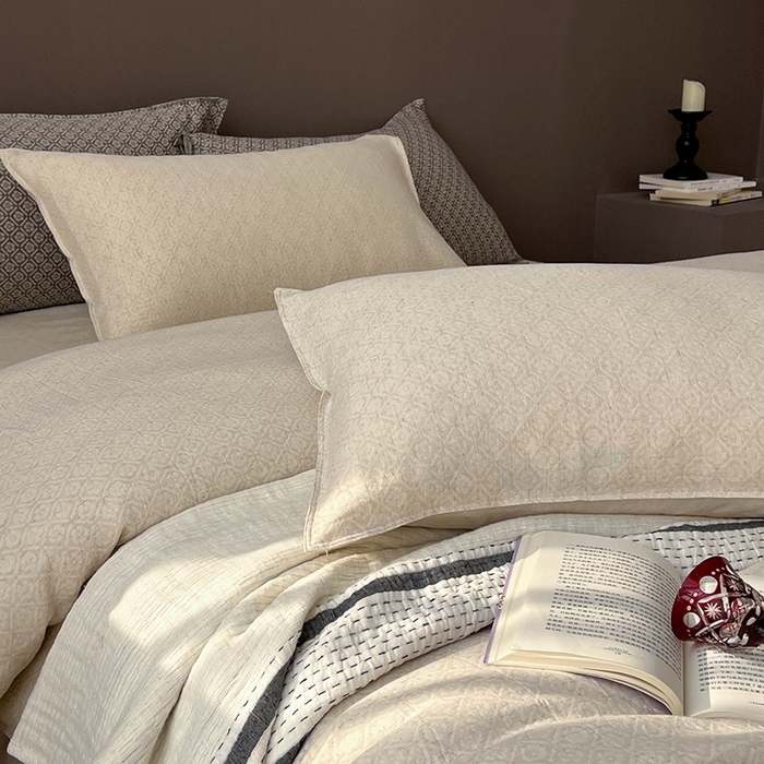 91家纺网 家纺一手货源 找家纺 贝尔 2025新款棉麻色织提花双层纱简单款四件套 简单款-铃兰浅色