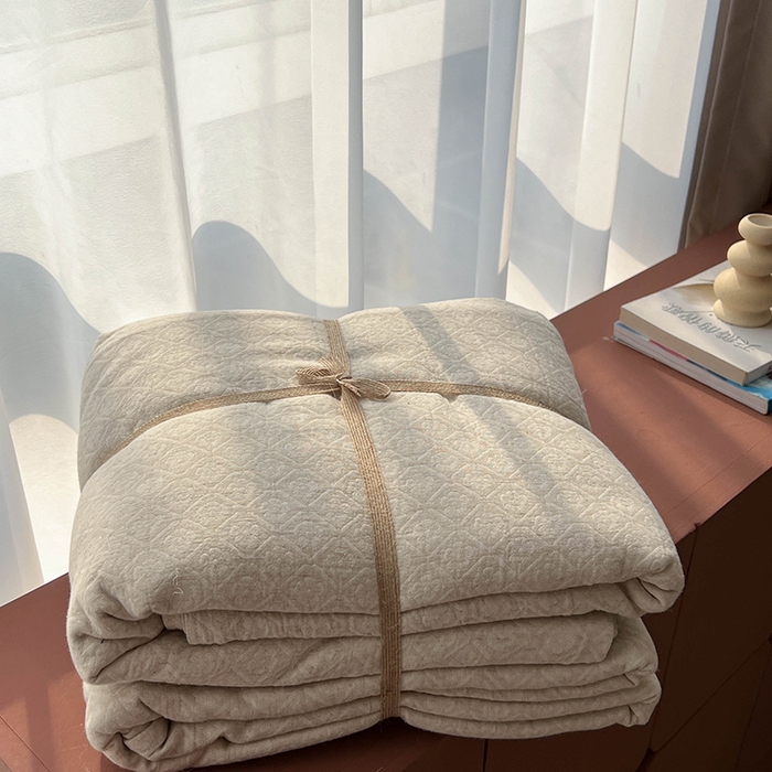 91家纺网 家纺一手货源 找家纺 贝尔 2025新款棉麻色织提花双层纱简单款四件套 简单款-铃兰浅色