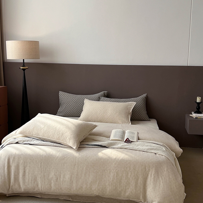 91家纺网 家纺一手货源 找家纺 贝尔 2025新款棉麻色织提花双层纱简单款四件套 简单款-铃兰浅色