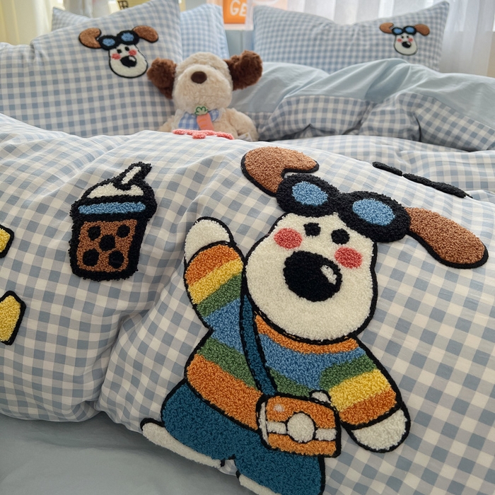 易辰美 2025新款水洗棉毛巾绣卡通四件套 彩条狗