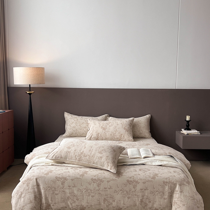 91家纺网 家纺一手货源 找家纺 贝尔 2025新款棉麻色织提花双层纱简单款四件套 简单款-烟雨江南