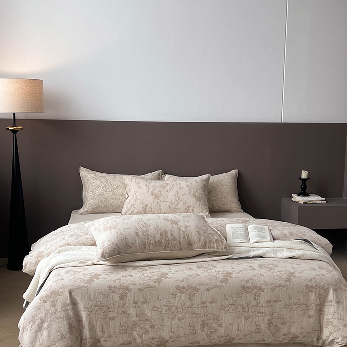 91家纺网 家纺一手货源 找家纺 贝尔 2025新款棉麻色织提花双层纱简单款四件套 简单款-烟雨江南