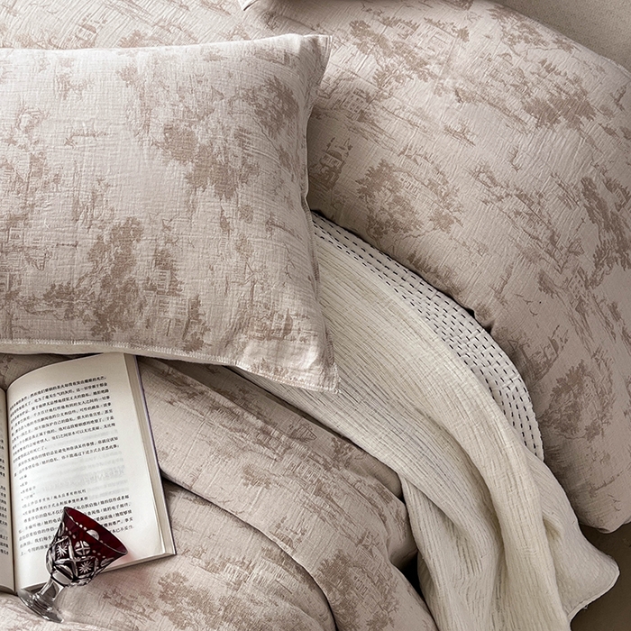 91家纺网 家纺一手货源 找家纺 贝尔 2025新款棉麻色织提花双层纱简单款四件套 简单款-烟雨江南