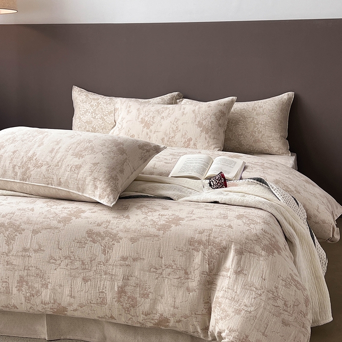 91家纺网 家纺一手货源 找家纺 贝尔 2025新款棉麻色织提花双层纱简单款四件套 简单款-烟雨江南