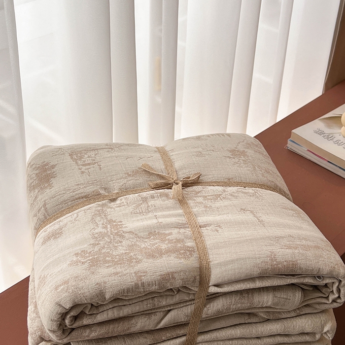 91家纺网 家纺一手货源 找家纺 贝尔 2025新款棉麻色织提花双层纱简单款四件套 简单款-烟雨江南