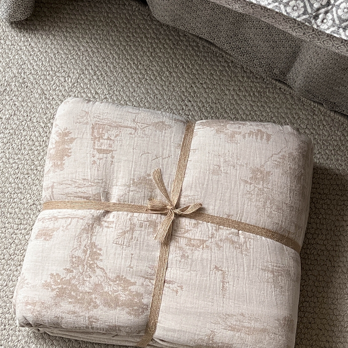 91家纺网 家纺一手货源 找家纺 贝尔 2025新款棉麻色织提花双层纱简单款四件套 简单款-烟雨江南