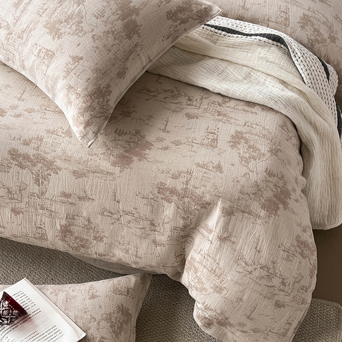 91家纺网 家纺一手货源 找家纺 贝尔 2025新款棉麻色织提花双层纱简单款四件套 简单款-烟雨江南