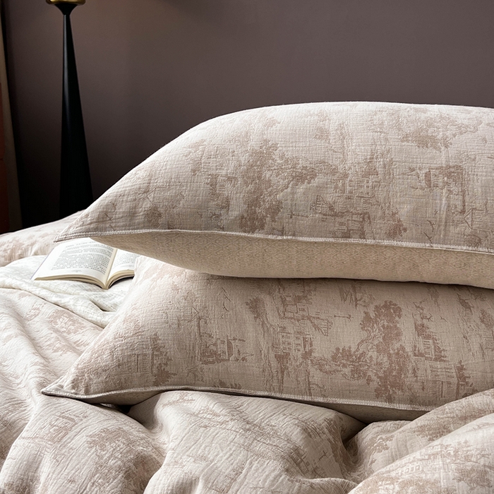 91家纺网 家纺一手货源 找家纺 贝尔 2025新款棉麻色织提花双层纱简单款四件套 简单款-烟雨江南