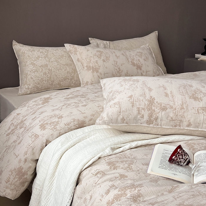 91家纺网 家纺一手货源 找家纺 贝尔 2025新款棉麻色织提花双层纱简单款四件套 简单款-烟雨江南