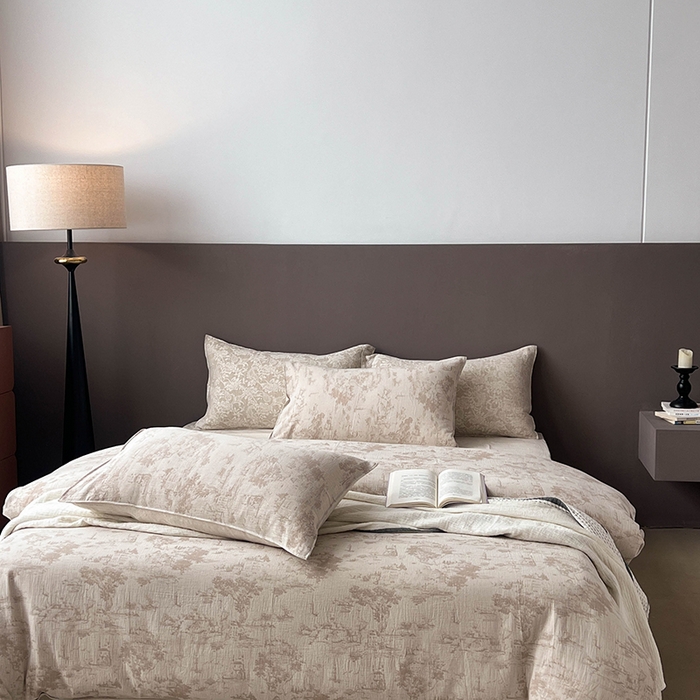 91家纺网 家纺一手货源 找家纺 贝尔 2025新款棉麻色织提花双层纱简单款四件套 简单款-烟雨江南