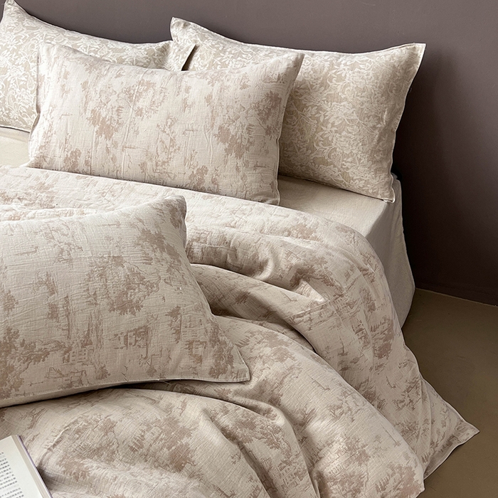 91家纺网 家纺一手货源 找家纺 贝尔 2025新款棉麻色织提花双层纱简单款四件套 简单款-烟雨江南