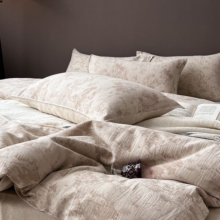 91家纺网 家纺一手货源 找家纺 贝尔 2025新款棉麻色织提花双层纱简单款四件套 简单款-烟雨江南