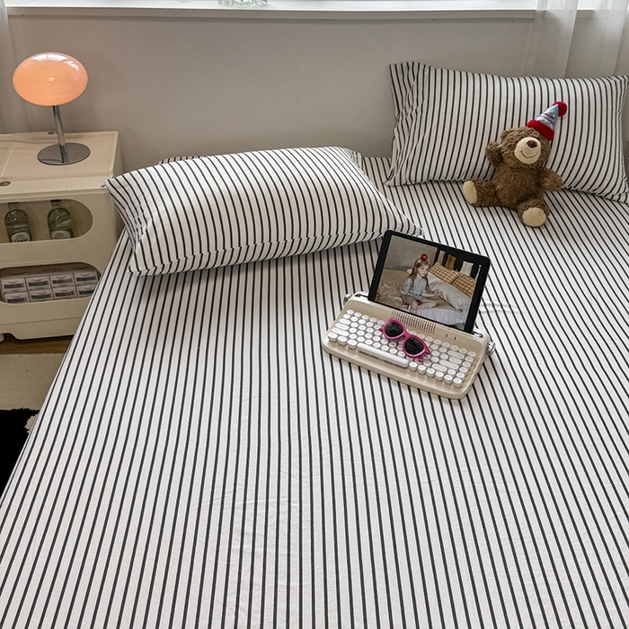 91家纺网 家纺一手货源 找家纺 觅妮家纺 2025新款A类水洗棉韩系ins床笠三件套 黑条纹