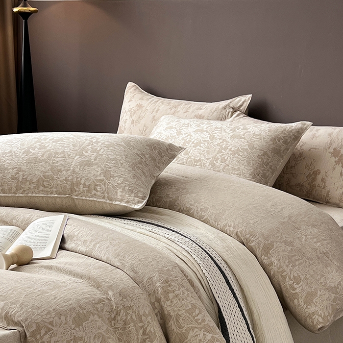 91家纺网 家纺一手货源 找家纺 贝尔 2025新款棉麻色织提花双层纱简单款四件套 简单款-繁花