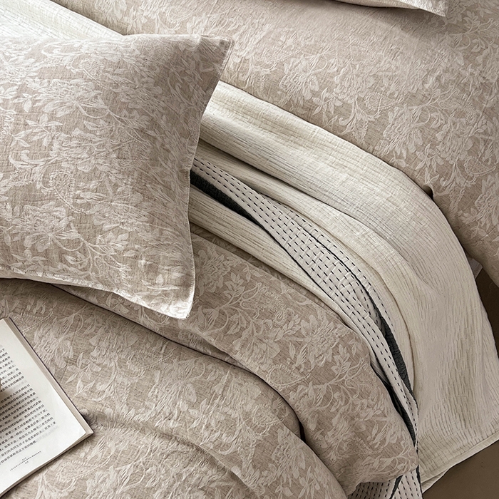 91家纺网 家纺一手货源 找家纺 贝尔 2025新款棉麻色织提花双层纱简单款四件套 简单款-繁花