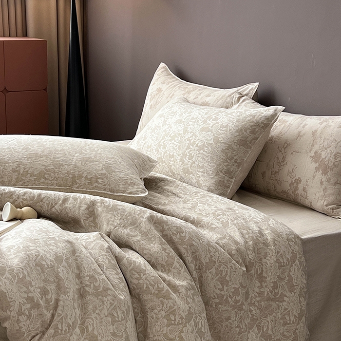 91家纺网 家纺一手货源 找家纺 贝尔 2025新款棉麻色织提花双层纱简单款四件套 简单款-繁花