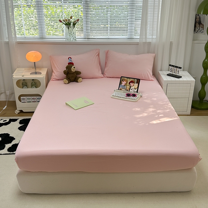 91家纺网 家纺一手货源 找家纺 觅妮家纺 2025新款A类水洗棉韩系ins床笠三件套 纯粉