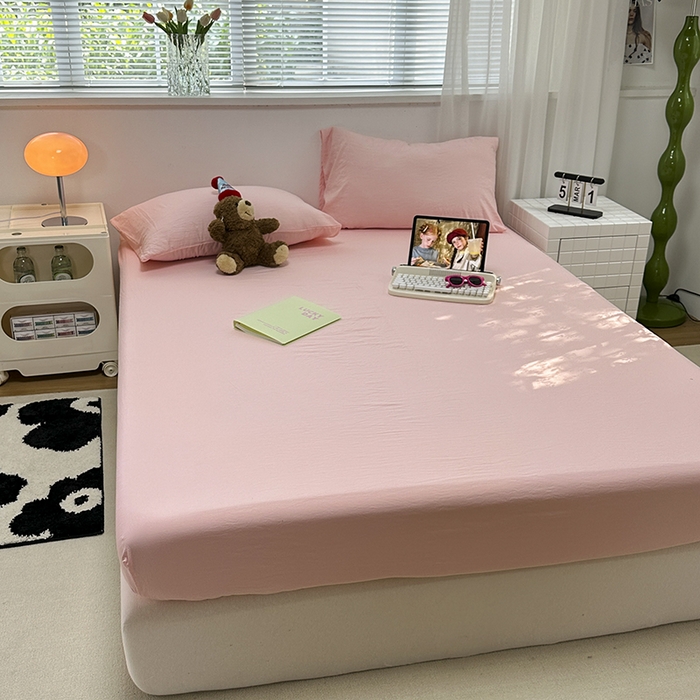 91家纺网 家纺一手货源 找家纺 觅妮家纺 2025新款A类水洗棉韩系ins床笠三件套 纯粉