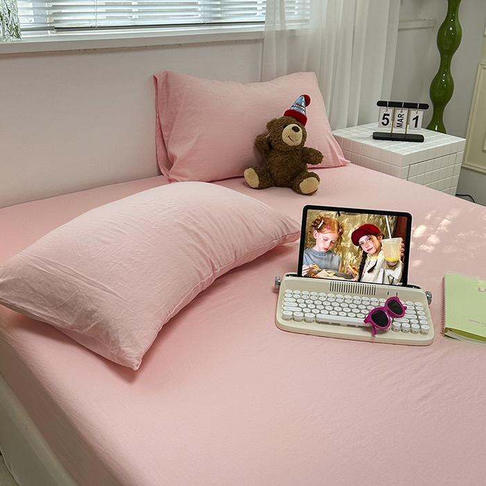 91家纺网 家纺一手货源 找家纺 觅妮家纺 2025新款A类水洗棉韩系ins床笠三件套 纯粉