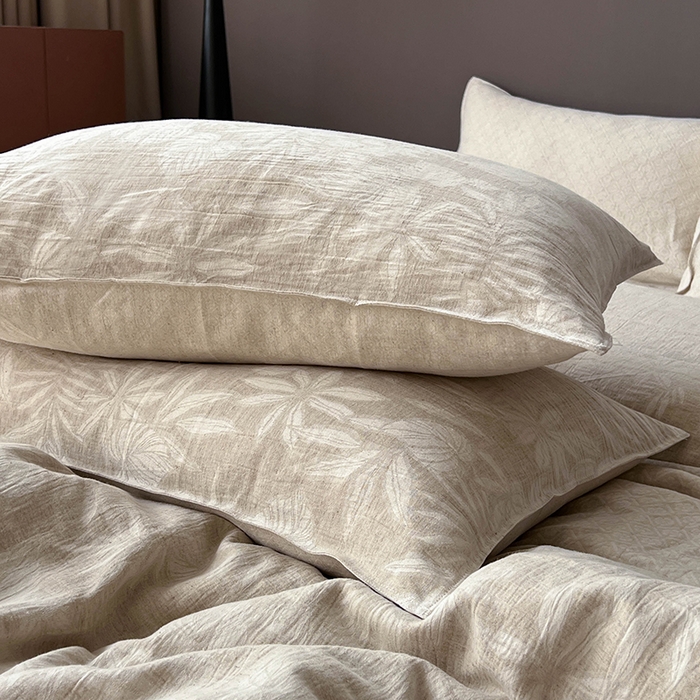 91家纺网 家纺一手货源 找家纺 贝尔 2025新款棉麻色织提花双层纱简单款四件套 简单款-叶兰