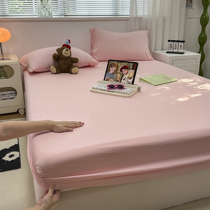 91家纺网 家纺一手货源 找家纺 觅妮家纺 2025新款A类水洗棉韩系ins床笠三件套 纯粉