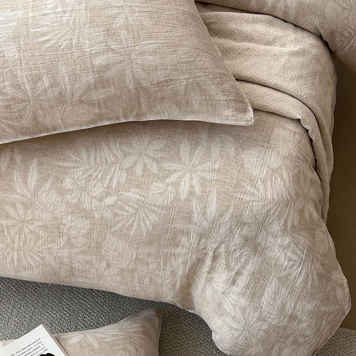 91家纺网 家纺一手货源 找家纺 贝尔 2025新款棉麻色织提花双层纱简单款四件套 简单款-叶兰